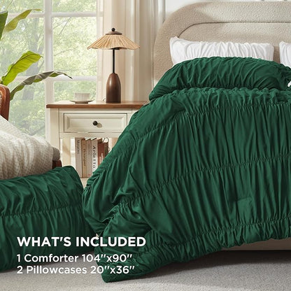 Andency Ruched Dark Emerald Green King Size Comforter Set, Shabby Chic Pleated Bedding Sets 3 Pieces, Lightweight Soft Boho Ruffle Bed Set for Girls, Kids, Women, All Season