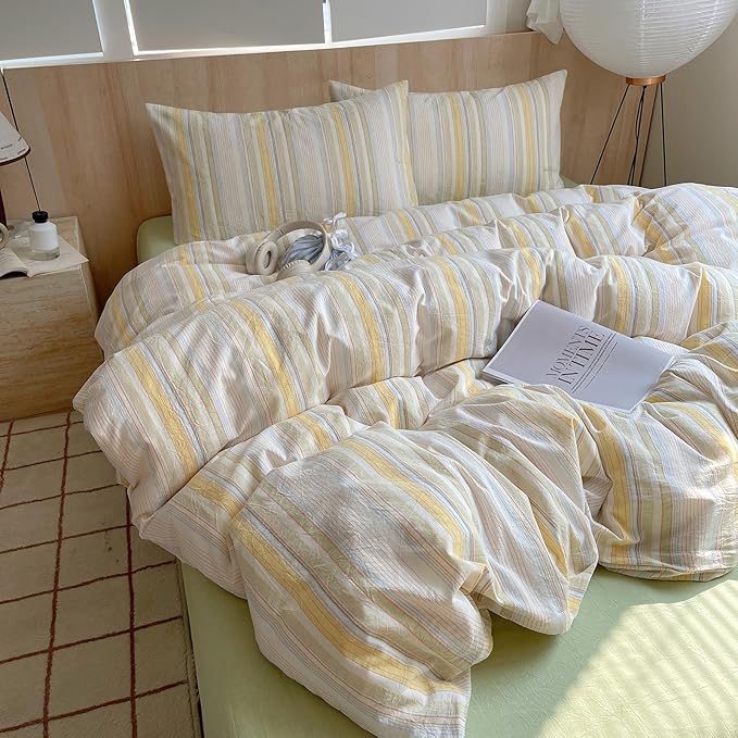 Yellow Striped Duvet Cover Twin, 100% Washed Cotton Colorful Stripes Pattern Printed Bedding Set, 3 Pieces Soft Breathable Comforter Cover with Zipper Closure, Retro Striped Farmhouse Bedding Set