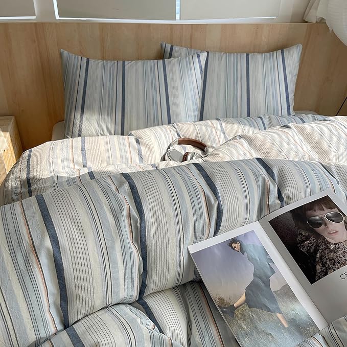 EAVD Modern Style Striped Duvet Cover Queen 100% Washed Cotton Colorful Wide and Pinstriped Bedding Duvet Cover Set with 2 Pillowcases Farmhouse Geometric Bedding Set with Zipper for All-Season