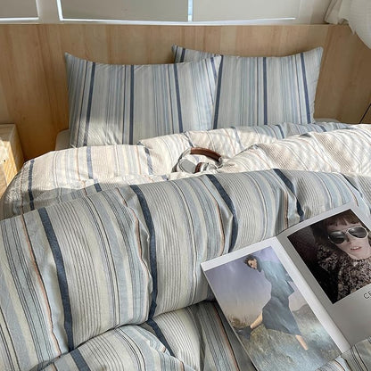 EAVD Modern Style Striped Duvet Cover Queen 100% Washed Cotton Colorful Wide and Pinstriped Bedding Duvet Cover Set with 2 Pillowcases Farmhouse Geometric Bedding Set with Zipper for All-Season