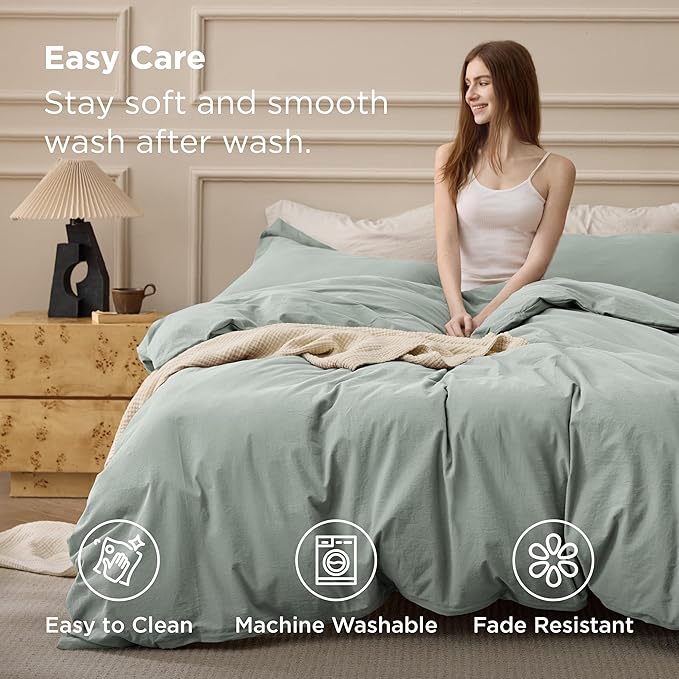 Bedsure 100% Washed Cotton Duvet Cover King Size - Sage Green Minimalist Bedding Set Linen Like - PureWoven Plain Simple & Soft Comforter Cover for All Seasons (Sage Green, King, 104"x90")