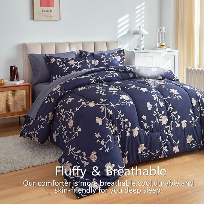 AIKASY Bed in a Bag King Comforter Set，7 Pieces Floral Comforter Set Bedding Sets with (1 Comforter, 2 Pillow Shams, 1 Flat Sheet, 1 Fitted Sheet, 2 Pillowcases) (Navy, King)