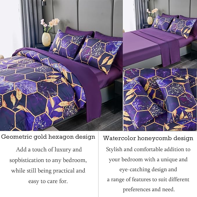 ANGIYUIN 7Pcs Bed-in-A-Bag Purple Gold Marble Comforter Set Full Size, 3D Geometric Hexagon Comforter Bedding Set, Modern Foil Print Bed Sets with Matched Sheets for Women Men(Purple Full)