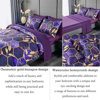 ANGIYUIN 7Pcs Bed-in-A-Bag Purple Gold Marble Comforter Set Full Size, 3D Geometric Hexagon Comforter Bedding Set, Modern Foil Print Bed Sets with Matched Sheets for Women Men(Purple Full)