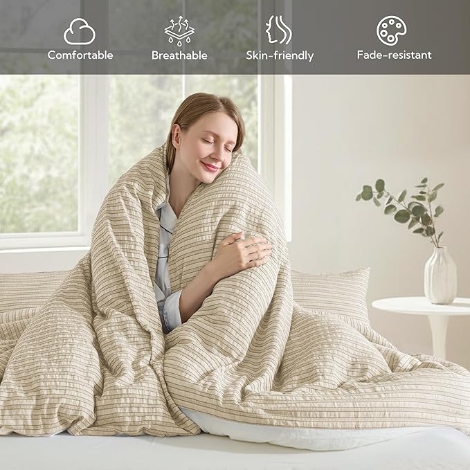 MILDLY Jacquard Stripe Duvet Cover - 100% Washed Cotton Khaki Boho Textured Comforter Cover Set with Zipper Closure 104"x90"