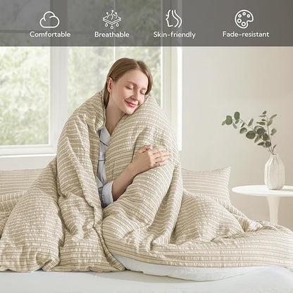 MILDLY Jacquard Stripe Duvet Cover - 100% Washed Cotton Khaki Boho Textured Comforter Cover Set with Zipper Closure 104"x90"
