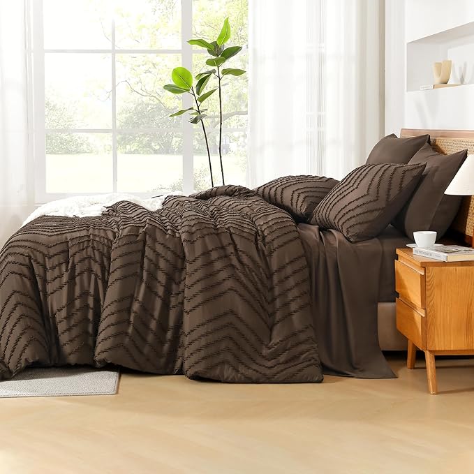 Litanika Queen Size Comforter Set with Sheets Brown - 7 Pieces Bed in a Bag Queen Chevron Tufted Complete Bedding Sets with Comforter, Sheets, Pillowcases & Shams