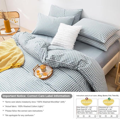 mixinni Blue Gingham Comforter Set King, Plaid Comforter Set 3 Pieces 1 Blue Grid Comfoter with 2 Pillow Cases for All Seasons, Soft Fluffy Modern Grid Pattern Printed Bedding-King Size