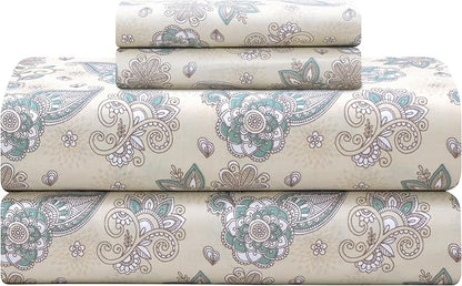 Feather & Stitch Softest 100% Cotton Sheets, 300 Thread Count Percale Weave Bedding, 16" Deep Pocket, Cooling Sheets, Breathable Bed Set, Hotel Premium Quality (Twin, Beige Paisley)