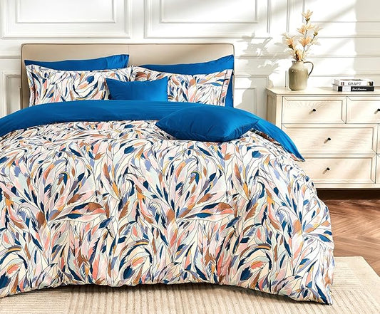 King Size Duvet Cover Set with Button Closure - Multicolor Leaves Botanical Luxury Bedding for a Comfortable Sleeping