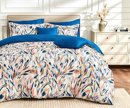 Queen Size Duvet Cover Set with Button Closure - Multicolor Leaves Botanical Luxury Bedding for a Comfortable Sleeping