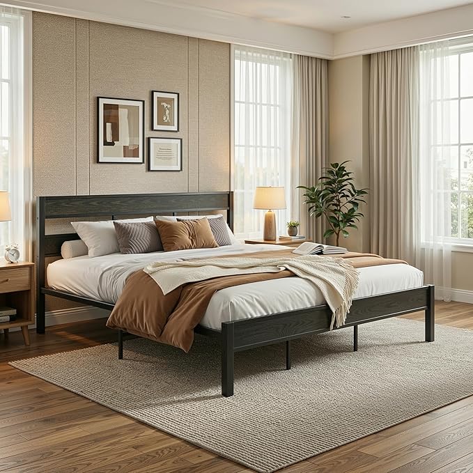 LIKIMIO King Bed Frame, with Headboard, Easy Assembly, Noise-Free, No Box Spring Needed, Heavy Strong Metal Support Frames, Charcoal Grey