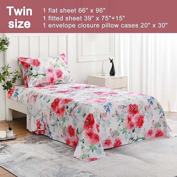 JSD Watercolor Rose Floral Sheet Set Twin Size, 3 Piece Soft Printed Microfiber Sheets Extra Deep Pocket