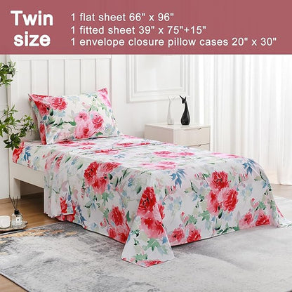 JSD Watercolor Rose Floral Sheet Set Twin Size, 3 Piece Soft Printed Microfiber Sheets Extra Deep Pocket