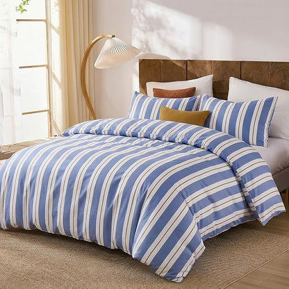 Merryword Blue and White Striped Duvet Cover Set King Size 100% Cotton Bedding Set with Modern Coastal Style Soft Breathable Linen Like Bedding Set 3 Pieces