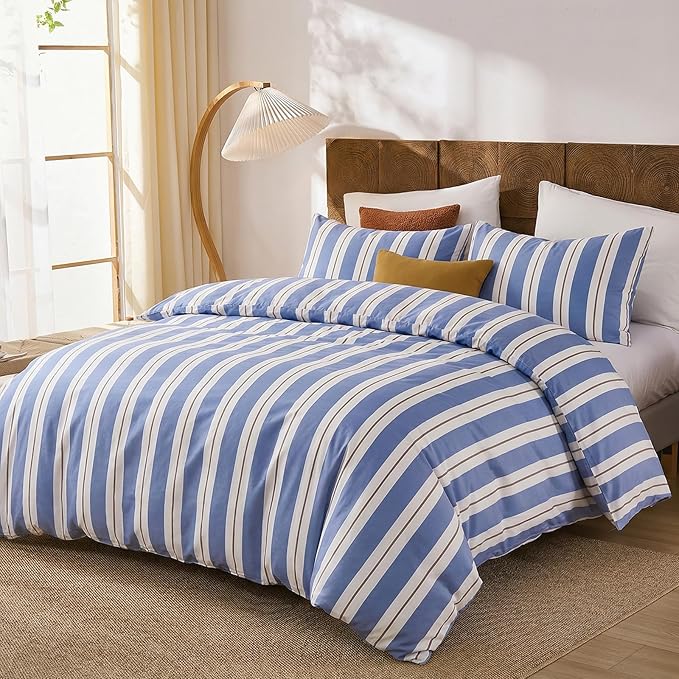 Merryword Blue and White Striped Duvet Cover Set Queen Size 100% Cotton Bedding Set with Modern Coastal Style Soft Breathable Linen Like Bedding Set 3 Pieces