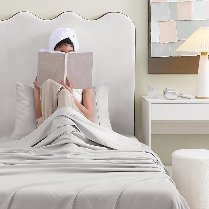 UGG Hedi Twin XL Sheet Set 3-Piece Luxury Cooling Sheets Deep Pockets Premium Bedding with 1 Pillow Sham Hypoallergenic Machine Washable Soft Lightweight Bed Set for Dorm, Twin XL, Stone Grey