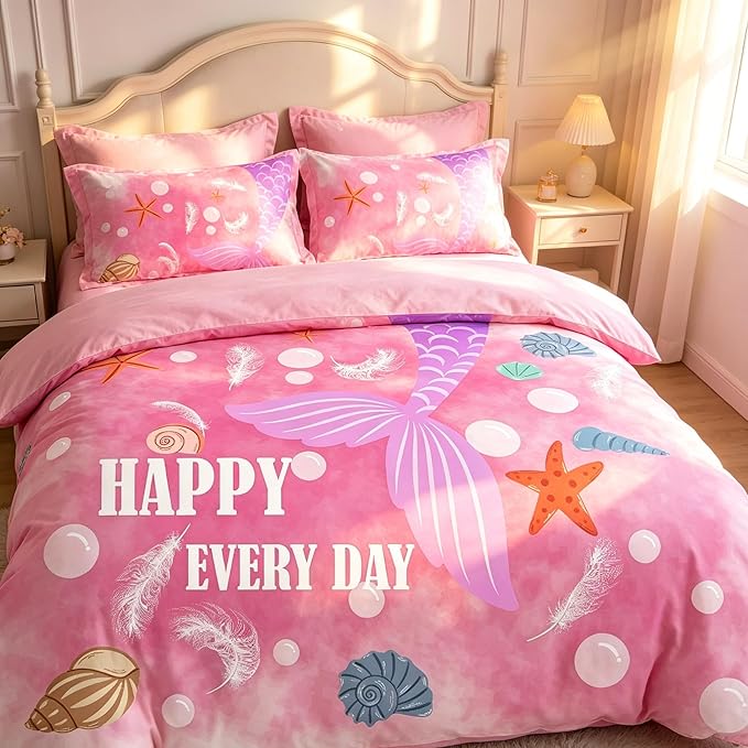 Girls Pink Mermaid Tail Comforter Set Queen Size, Marine Life Soft Microfiber Bedding Set with Shells & Starfish Pattern, 3Pieces All Season Lightweight Summer Comforter Set for Girls