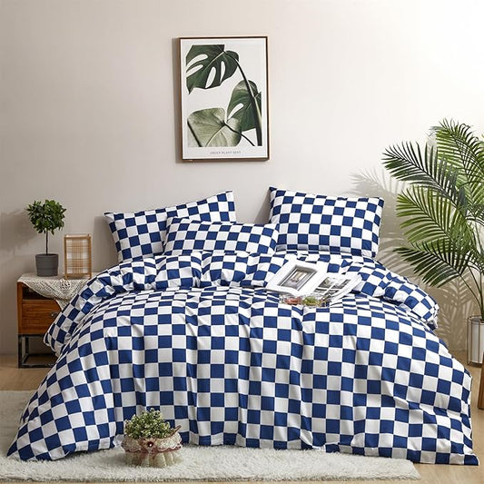 Houseri Royal Plaid Comforter Set Full Size Teen Boys Girls Dorm Bedding Quilt Comfy Deep Sea Blue Grid Comforter