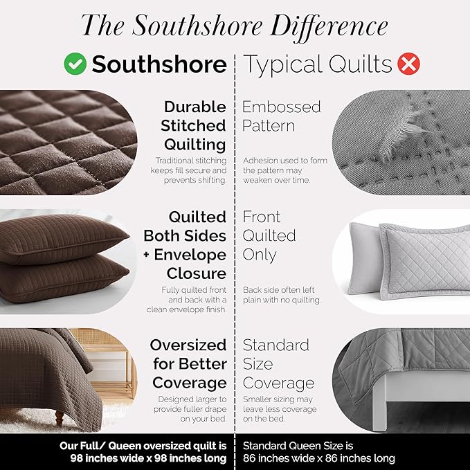 Southshore Fine Living, Inc. Full/Queen Quilt Bedding Set, Comfy Microfiber Coverlet, Queen Size Bedspread, Stain and Pet Hair Resistant Bedding, Full Size Quilt Set w/2 Shams, Chocolate Brown