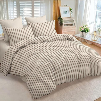 Nayoroom Striped Comforter Set Queen Size Brown Stripe Comforter 3 Pieces Girls Soft Lightweight Pinstripe Dorm Bedding Set for All Seasons (Tannish Linen Grey Brown Stripes)