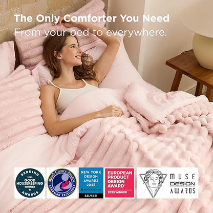 Bedsure Gentlesoft™ 2-in-1 Twin Comforter Set and Detachable Fluffy Blanket, Pink Bedding Set for All Season Use, SnapTech Design for Space Saving (Includes 1 Pillow Sham, 1 Pillowcase)