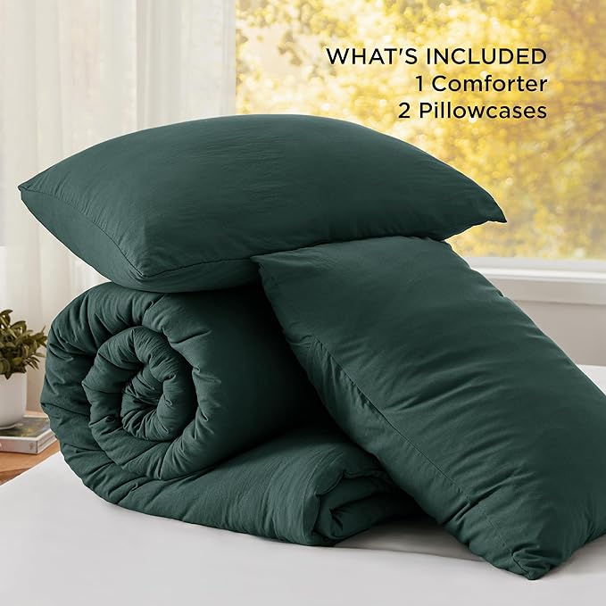 Bedsure Full Comforter Set, Forest Green Soft Prewashed Bedding for All Seasons, 3 Pieces GentleSoft™ Bed Set, 1 Lightweight Comforter (82"x86") and 2 Pillowcases (20"x26")