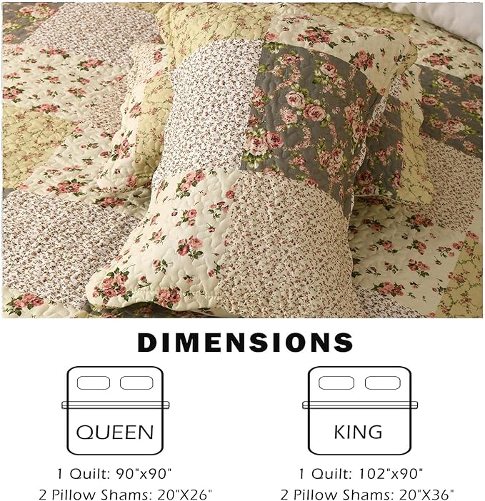 Summer Floral King Quilted Bedspread,Romantic Beige Quilt Set,Reversible Stitched Bedding Cover All Season,Soft Lightweight Coverlet with Pillow Cases (Ivory&Pink, King(102"x90"))