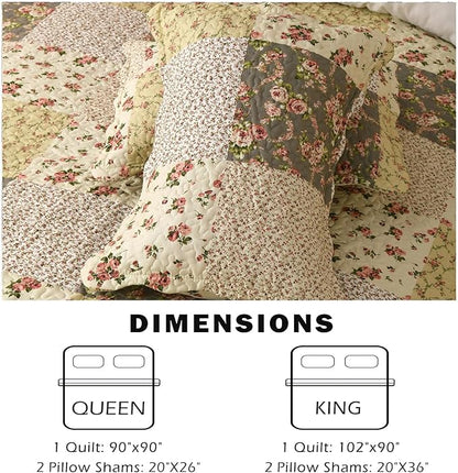 Summer Floral Queen Quilted Bedspread,Romantic Beige Quilt Set,Reversible Stitched Bedding Cover All Season,Soft Lightweight Coverlet with Pillow Cases (Lvory&Pink, Queen90 x90)