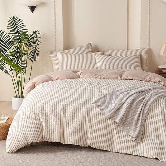 Comforter King Set Beige Striped Soft Luxury Washed Microfiber Jacquard 3 Pieces Bedding, White Beige Vertical Ticking Stripes Pattern Comforter with 2 Pillowcases Breathable Durable Comfy