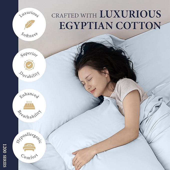 Ashton Sheets 100% Egyptian Cotton Sheets Queen Size - 1200 Thread Count Queen Size Sheets Set Egyptian Cotton, 4 PC Luxury Bedsheet (Light Blue), Soft, Cooling, 17" Deep Pocket Sateen Bedsheet Set