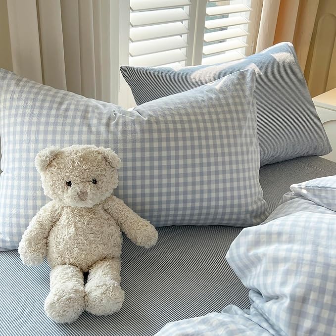 VM VOUGEMARKET Boys Comforter Set Twin XL Blue Plaid Gingham Down Comforter with 2 Pillowcases,Modern Cozy Bedding Quilt Set for Dorm Room 68"x90"