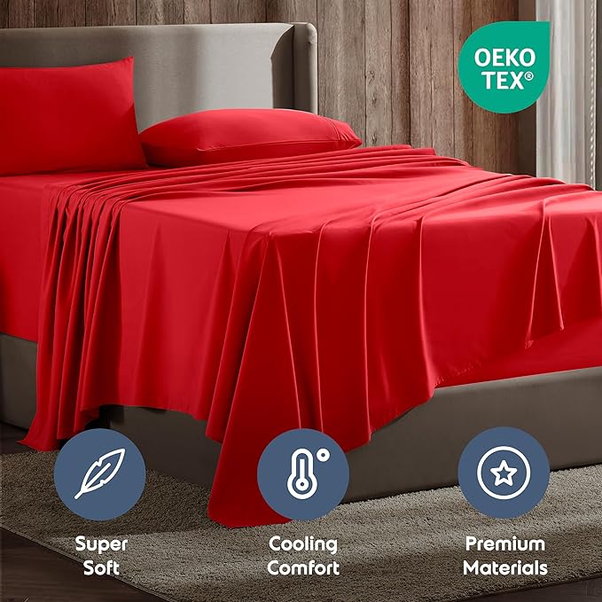 Nestl Full XL Sheet Set - Luxury 1800 Ultra-Soft Microfiber Full Extra Long Bed Sheets - Double Brushed - Deep Pockets - Easy Fit - 4 Piece Set - Bedding Sheets & Pillowcases (Full XL, Red)