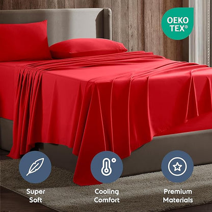 Nestl Full XL Sheet Set - Luxury 1800 Ultra-Soft Microfiber Full Extra Long Bed Sheets - Double Brushed - Deep Pockets - Easy Fit - 4 Piece Set - Bedding Sheets & Pillowcases (Full XL, Red)