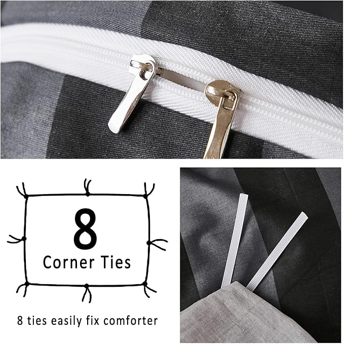 Merryword Black and Gray Striped Duvet Cover Set Queen Size - 100% Cotton Bedding Set with Zipper & Corner Ties, 3-Piece Luxury Linen Like Bedding Set for All Seasons