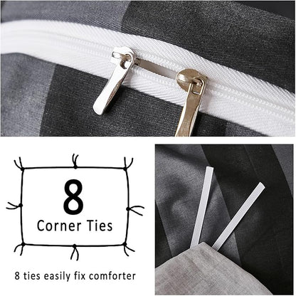 Merryword Black and Gray Striped Duvet Cover Set Queen Size - 100% Cotton Bedding Set with Zipper & Corner Ties, 3-Piece Luxury Linen Like Bedding Set for All Seasons