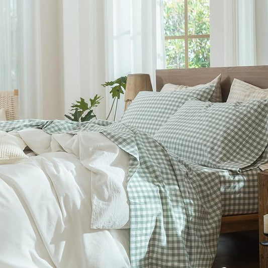 MooMee Gingham Sheet Set 100% Washed Cotton Linen Like Textured Breathable Soft w/Fully Elasticized 16-19" Deep Pocket (Classic Gingham Sage Green, Queen)