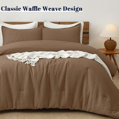 PHF Ultra Soft Waffle Weave Comforter Set King Size, 3 Pieces Lightweight Breathable Comfy Bedding Set, Comfy Textured 1 Comforter with 2 Pillow Shams, Mocha