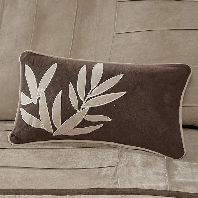 Madison Park Cozy Comforter Set Casual Blocks Design All Season, Matching Bed Skirt, Decorative Pillows, Cal King(104"x92"), Dune Suede, Beige Brown, 7 Piece