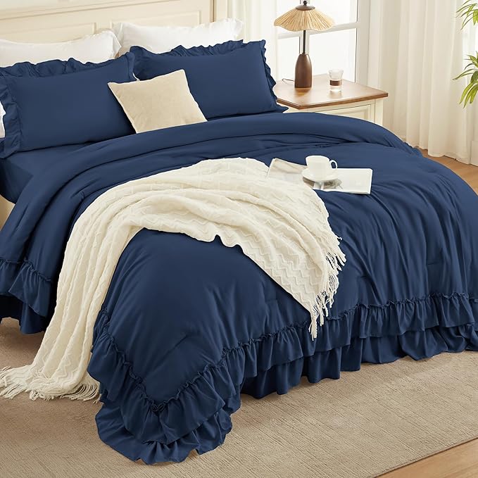 Andency Navy Blue California King Comforter Set (104x96Inch), 3 Pieces Farmhouse Shabby Chic Ruffle Bedding Comforter Sets, Lightweight Fluffy Soft Polyester All Season Bed Set