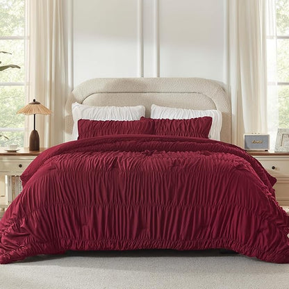 Andency Ruched Burgundy Full Size Comforter Sets, Shabby Chic Pleatd Bedding Sets 3 Pieces, Lightweight Soft Boho Ruffle Bed Set for Girls, Kids, Women, All Season