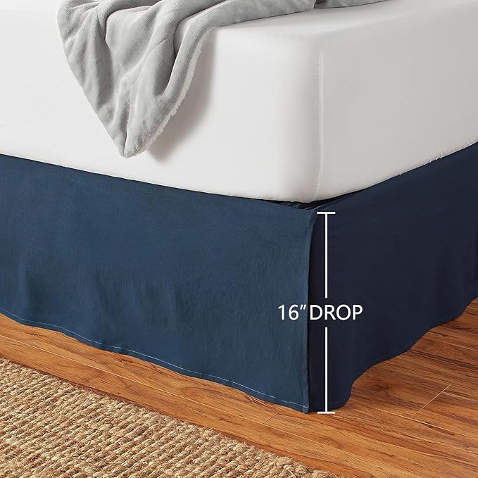 Amazon Basics Lightweight Pleated Bed Skirt, Fade Resistant, Wrinkle Resistant, Machine Washable, Queen, Navy Blue