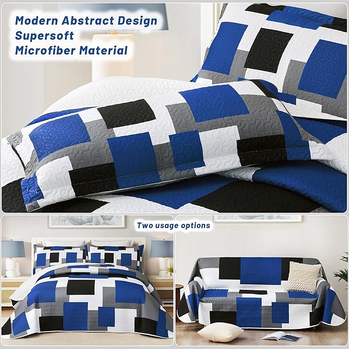 3 Piece Blue White Grey Quilt Set King Size Black White Geometric Reversible Bedding Set Microfiber Lightweight Bedspread Coverlet with 2 Shams Modern Bed Covers for All Season, 106''x96''