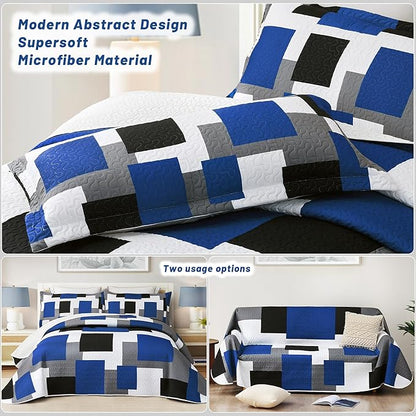 3 Piece Blue White Grey Quilt Set California King Size Black White Geometric Reversible Bedding Set Microfiber Lightweight Bedspread Coverlet with 2 Shams Bed Covers for All Season, 118''x106''