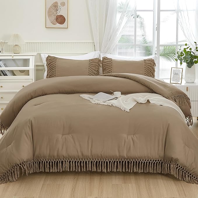 Andency Taupe Full Size Comforter Set, 3 Pieces Boho Tassel Lightweight Soft Bedding Comforter Sets, All Season Fluffy Fringe Bed Set (79x90In Comforter & 2 Pillowcases)