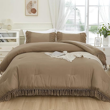 Andency Taupe Full Size Comforter Set, 3 Pieces Boho Tassel Lightweight Soft Bedding Comforter Sets, All Season Fluffy Fringe Bed Set (79x90In Comforter & 2 Pillowcases)
