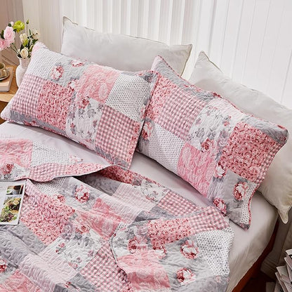 King Size Quilt Set Pink Plaid Patchwork Floral Rversible Quilted Bedspread Coverlet Set 3-Piece Grey Grid Flowers Lightweight Comforter Bedding Set Bed Sheet Cover Blanket with 2 Pillow Shams | King Size Quilt Set, Floral Quilt Set, Pink Plaid Quilt, ...