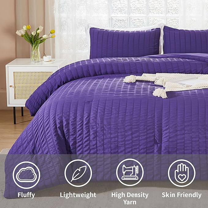 AveLom Dark Purple Seersucker California King Comforter Set (104x96 inches), 3 Pieces-100% Soft Washed Microfiber Lightweight Comforter with 2 Pillowcases, All Season Down Alternative Bedding Set