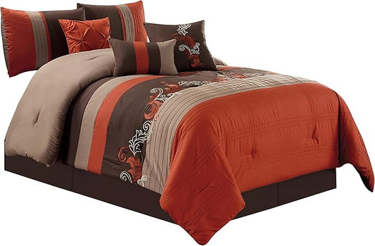 Chezmoi Collection Napa 7-Piece Luxury Autumn Leaves Scroll Embroidery Bedding Comforter Set (Queen, Rust Orange/Brown/Taupe)
