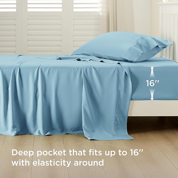 Bedsure Cooling Sheets Twin, Rayon Derived from Bamboo, PureWoven, Breathable & Soft Twin Sheets Set, Deep Pocket Up to 16 Inches, Hotel Luxury Silky Bedding for Hot Sleepers, Aqua